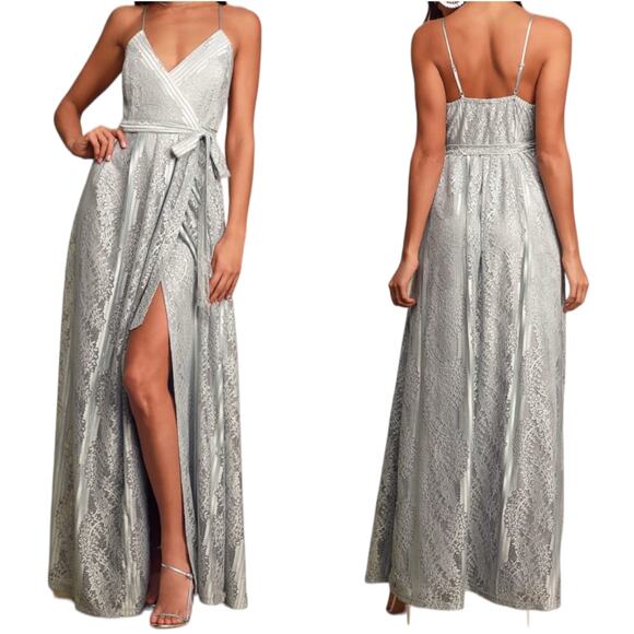 Lulu's Dresses & Skirts - Lulu’s NWT Lovely in Lace Dusty Blue Lace Sleeveless Wrap Maxi Dress Size M